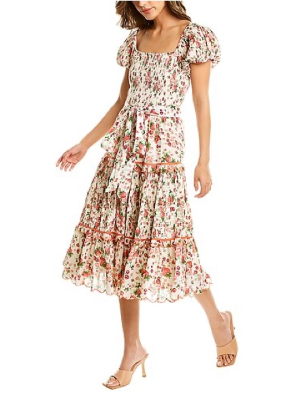 LoveShackFancy Masie Cream Floral Midi Dress with Pink & Green Bouquet Print